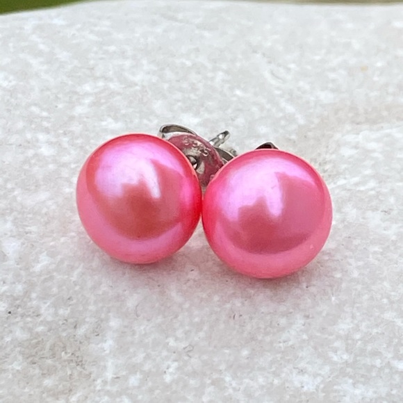 Cultured Pink Pearl earrings .925 Sterling Silver 8mm Pearls - Picture 4 of 9